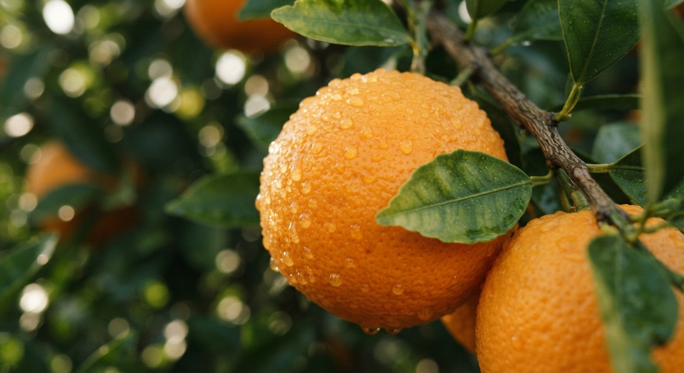 Dew-covered oranges hang among glossy green leaves on a citrus tree.