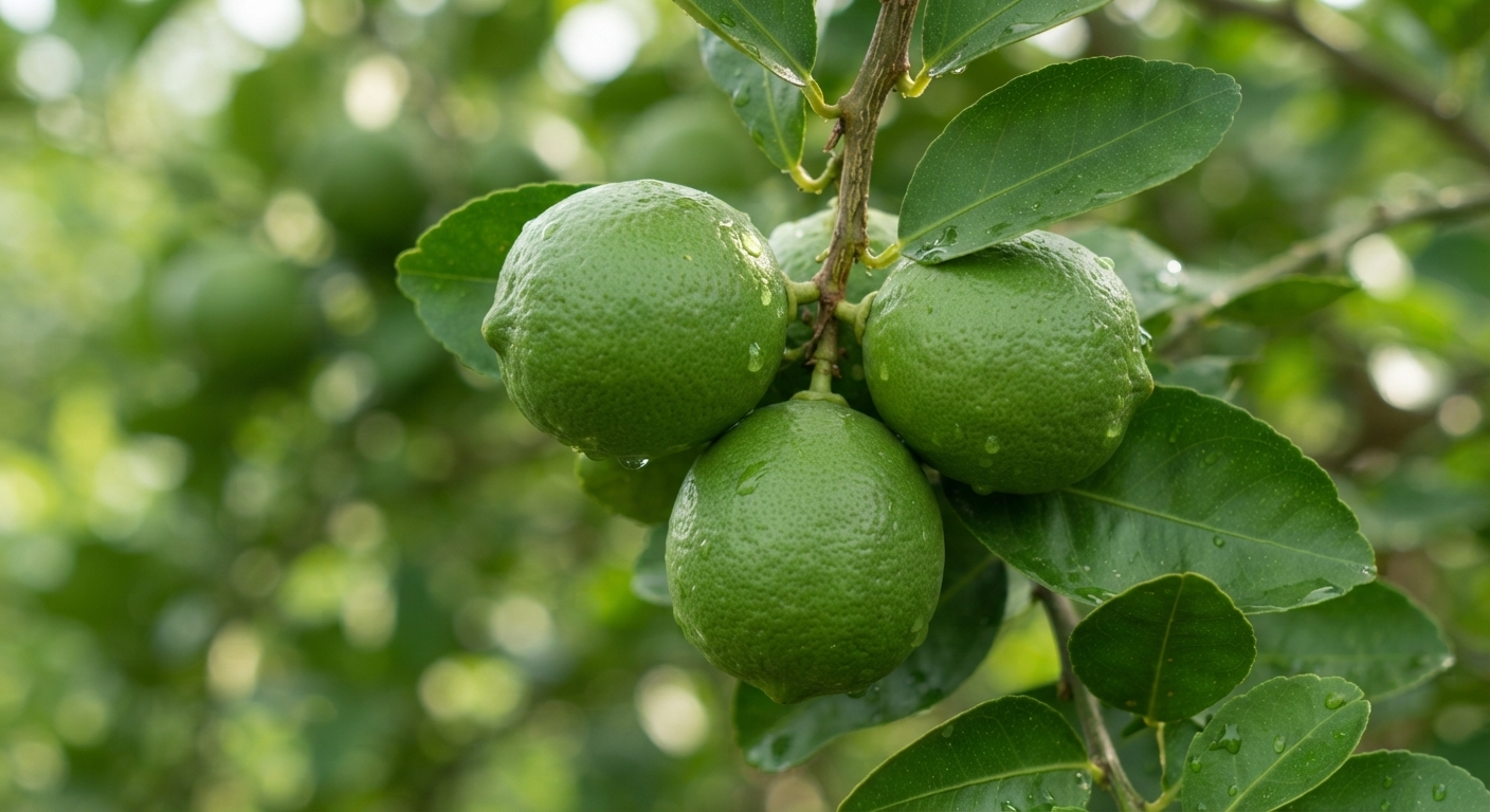 Three water-dappled green citrus fruits hang among glossy leaves on a tree branch.