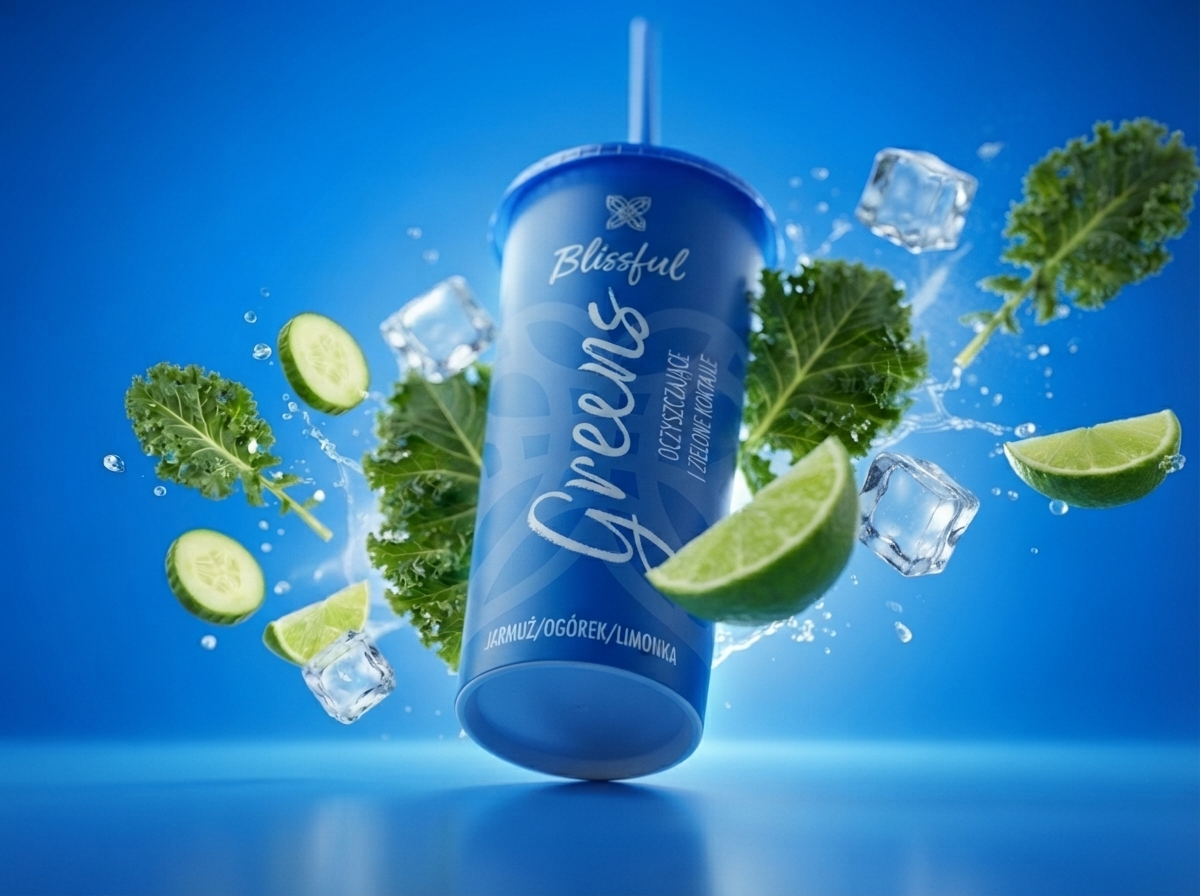 Blue “Blissful Greens” can surrounded by kale, cucumber, lime, ice, and splashing water.