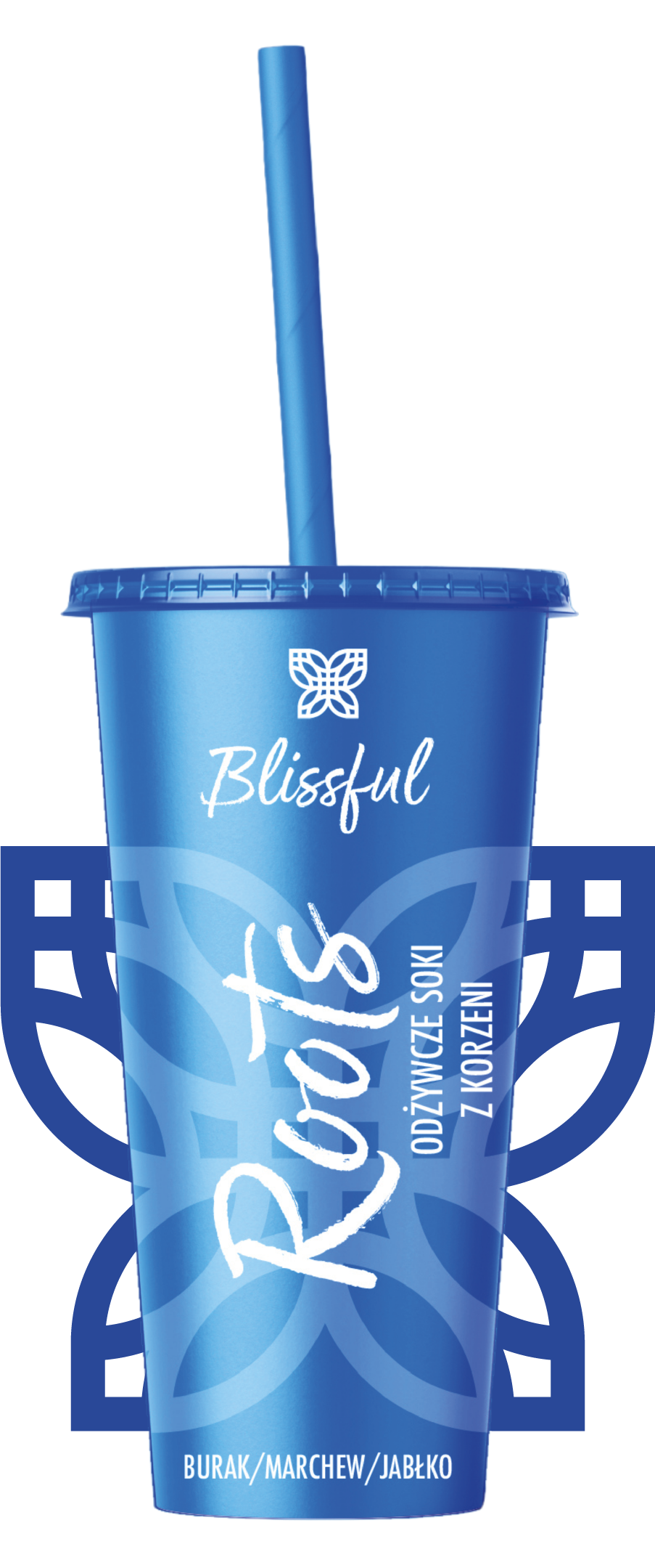Blue takeaway cup labeled “Blissful Root” with Polish text and a blue straw.