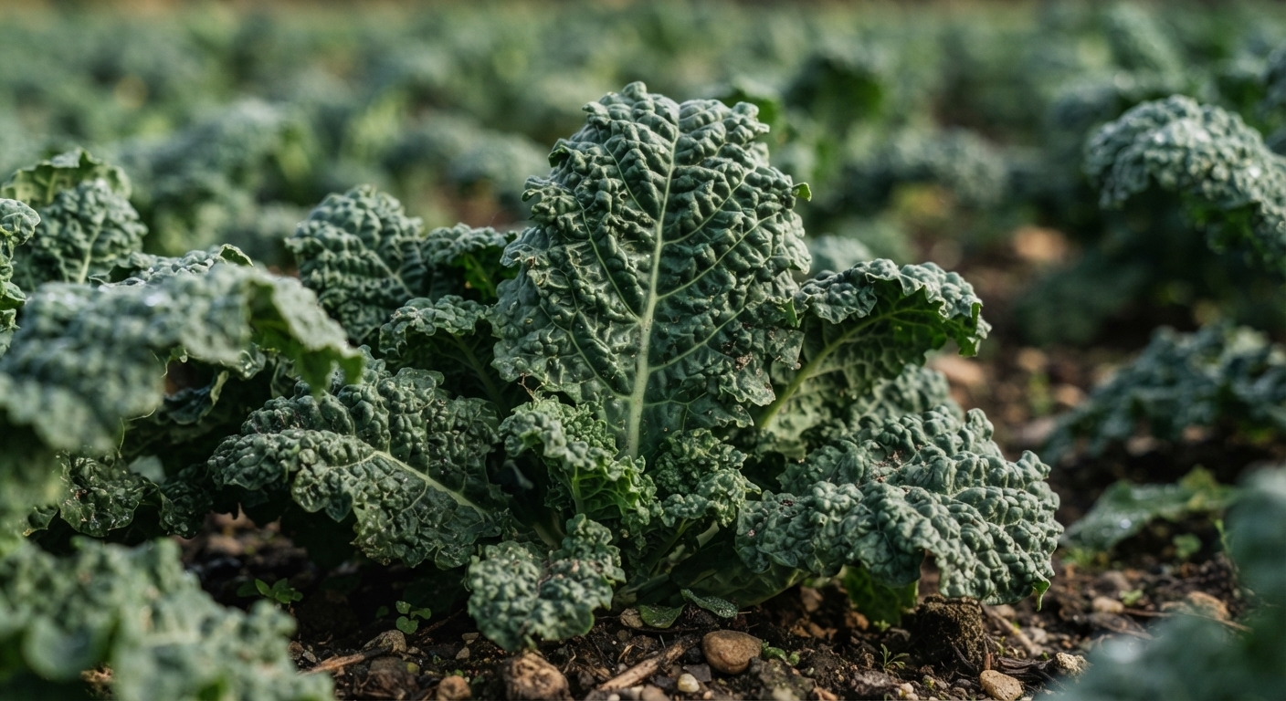 Close-up of a textured blue-green kale plant growing in soil among other kale plants.