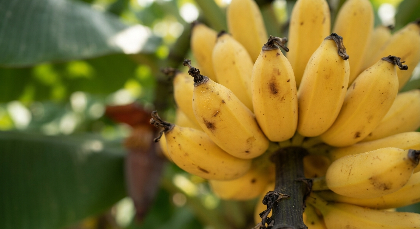 Close-up of a ripe yellow banana bunch with brown speckles against blurred green foliage.