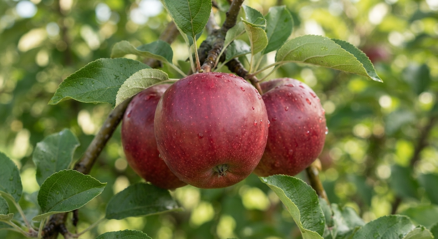 Three water-dappled red apples hang among green leaves on a tree branch.