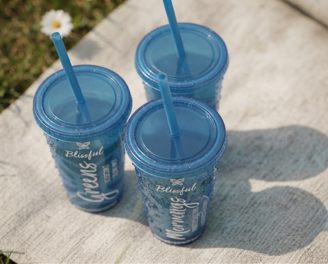 Three blue lidded tumblers with straws sit on sunlit stone, with condensation, shadows, and a daisy in the background.