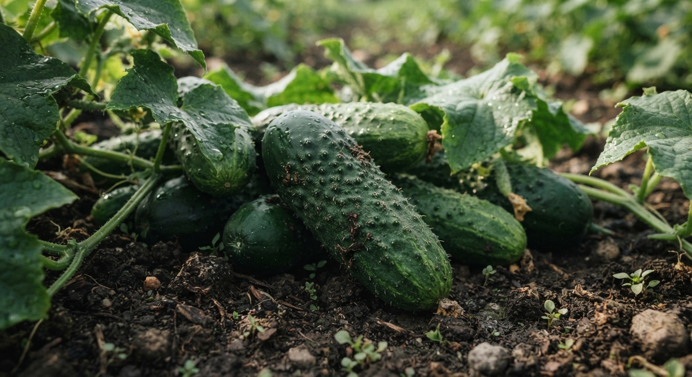 Bumpy cucumbers grow among wet green leaves and vines in dark garden soil.