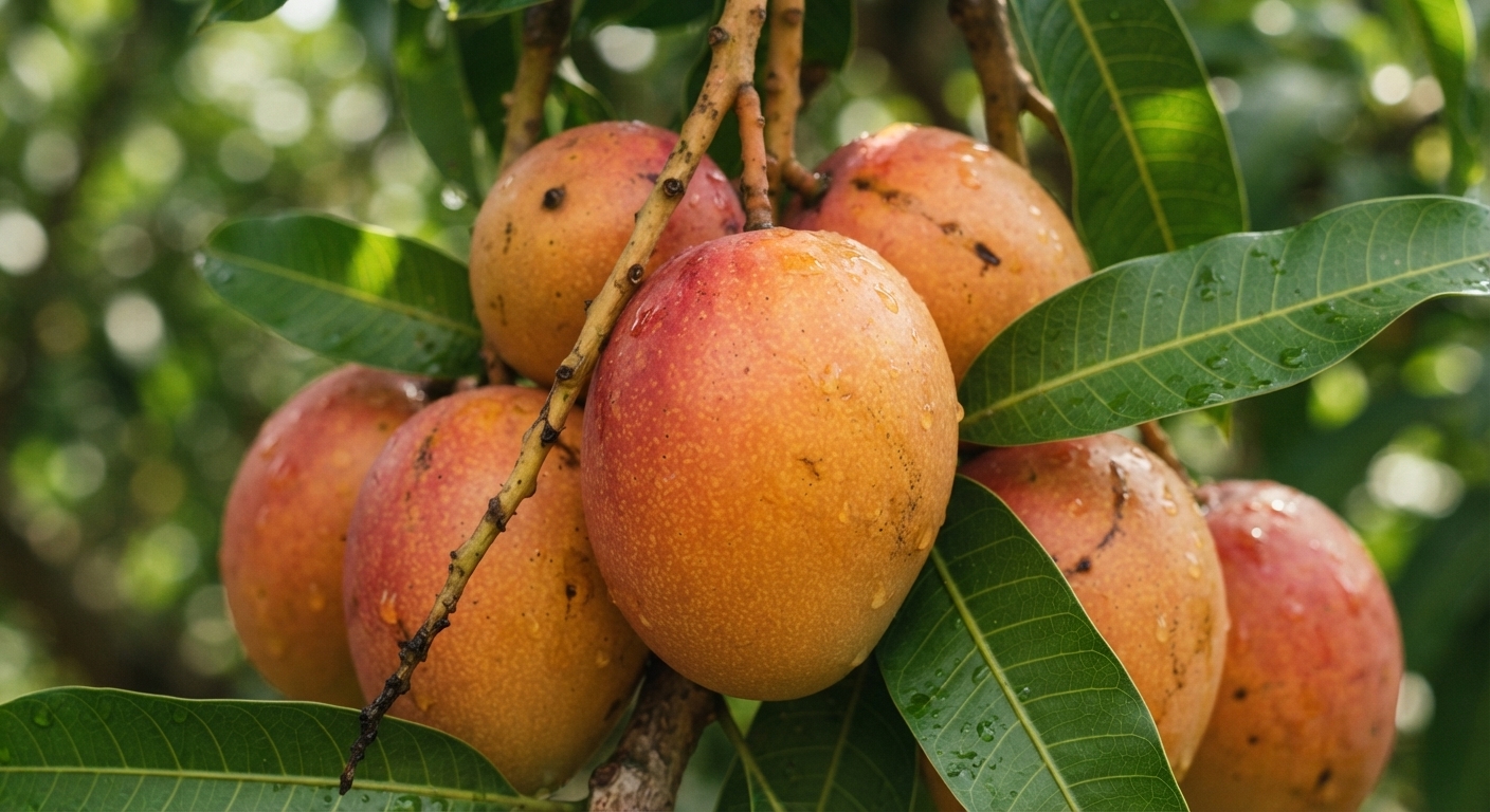 Cluster of ripe orange-red mangoes with water droplets among green leaves on a tree.