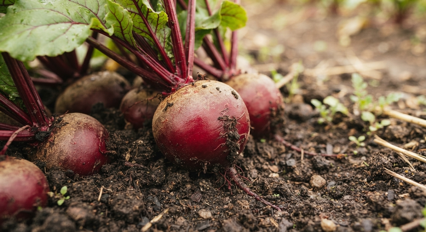 Several red beets with burgundy stems and green leaves growing in textured garden soil.