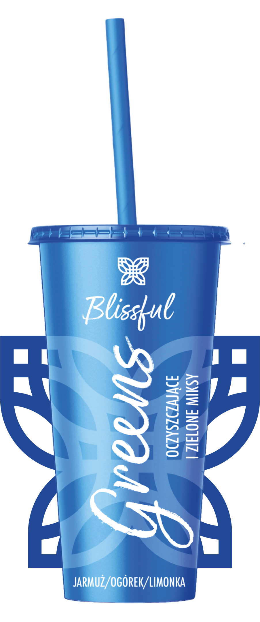 Blue takeaway cup with straw, white “Blissful” branding, botanical graphics, and Polish flavor text.