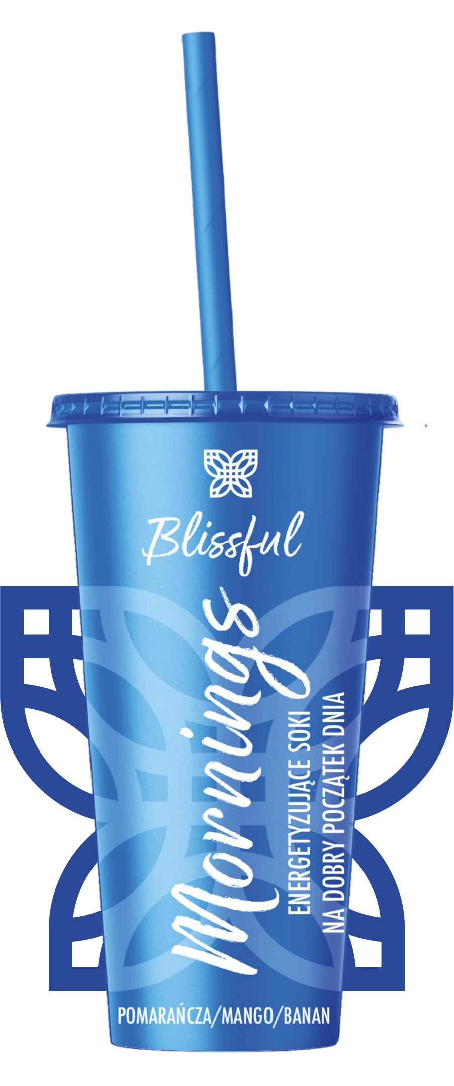 Blue beverage cup with straw, leaf graphics, white “Blissful” and “Mindful” lettering, and Polish flavor text.