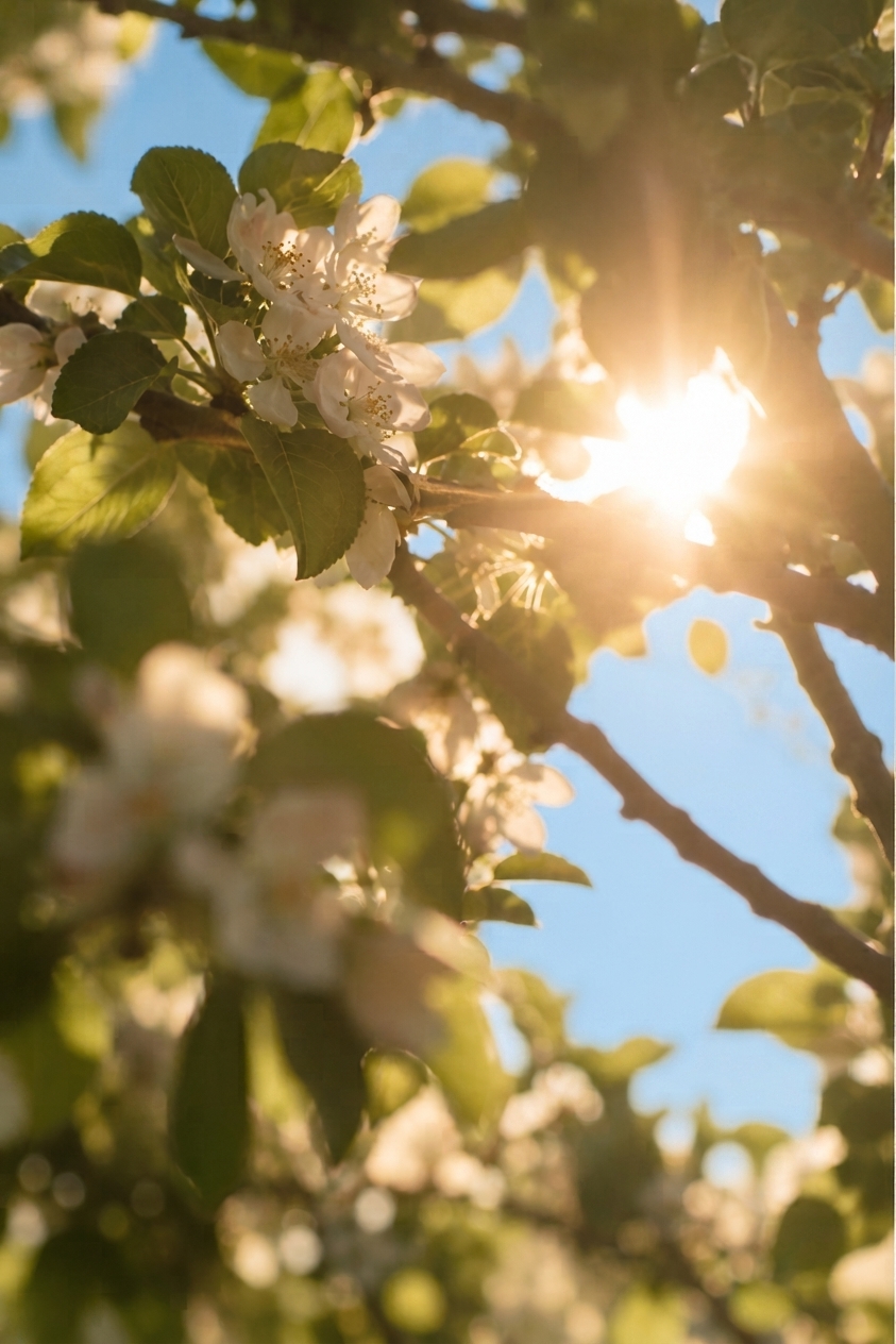 White tree blossoms and green leaves glow in golden sunlight against a blue sky.