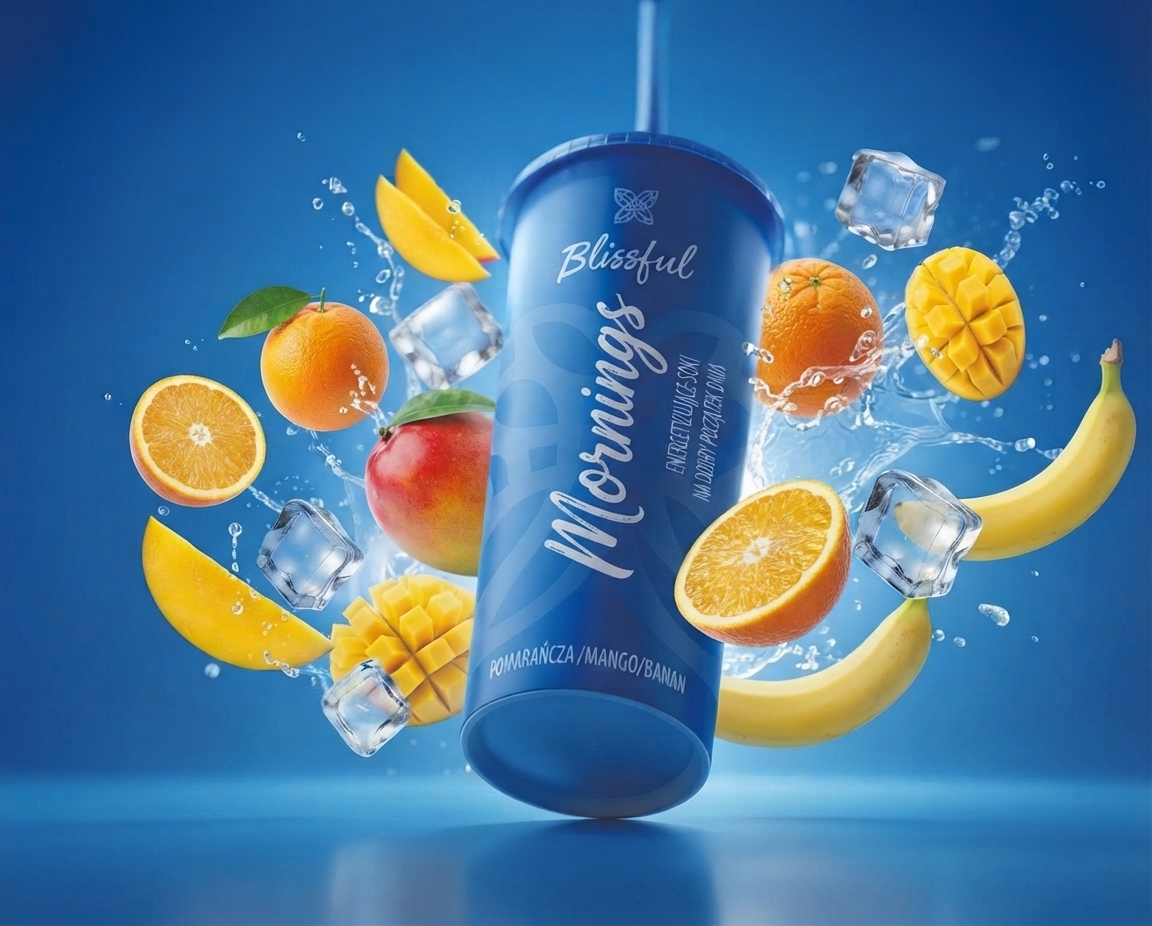Blue beverage container labeled “Blissful Mornings” surrounded by fruit, ice cubes, and splashing water.