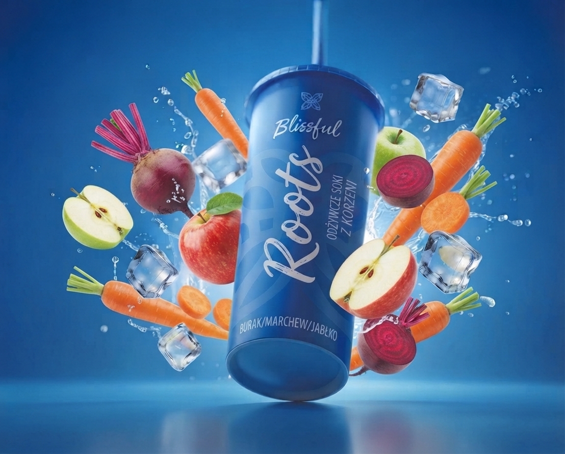 Blue juice can labeled “Blissful” and “Root” surrounded by carrots, apples, beets, ice cubes, and water splashes.