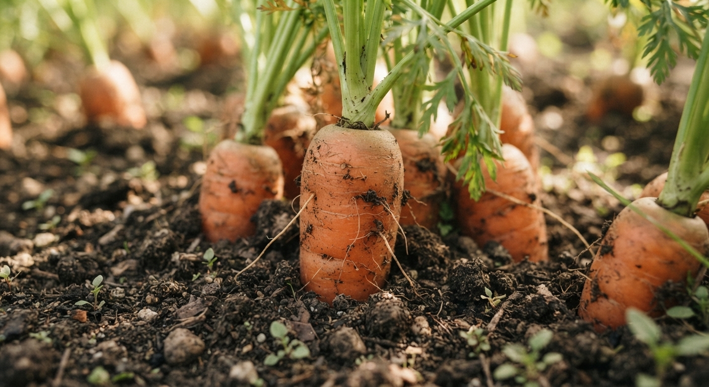 Five dirt-covered carrots with green tops growing in dark soil, photographed in warm natural light.